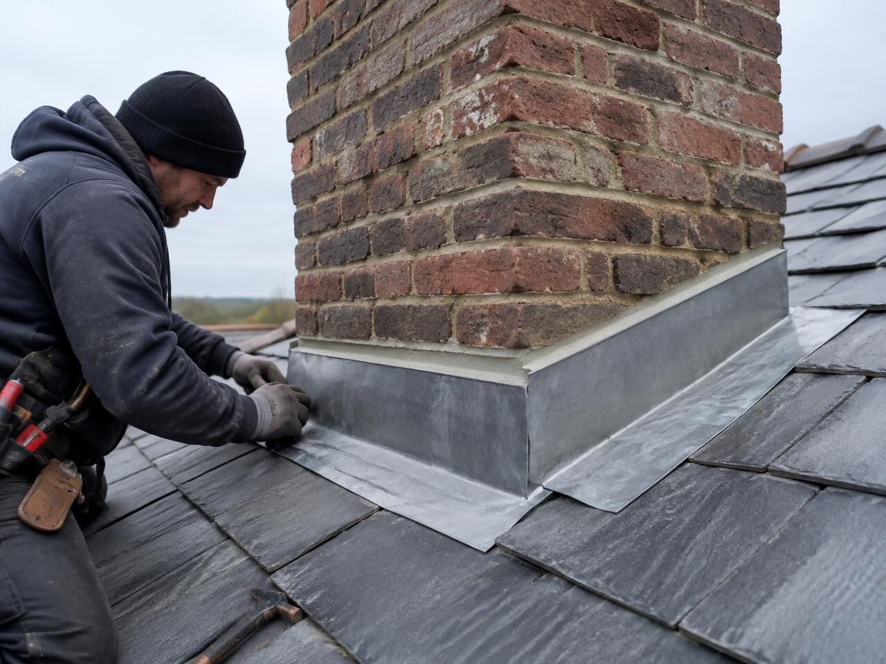 Lead flashing being dressed around a chimney