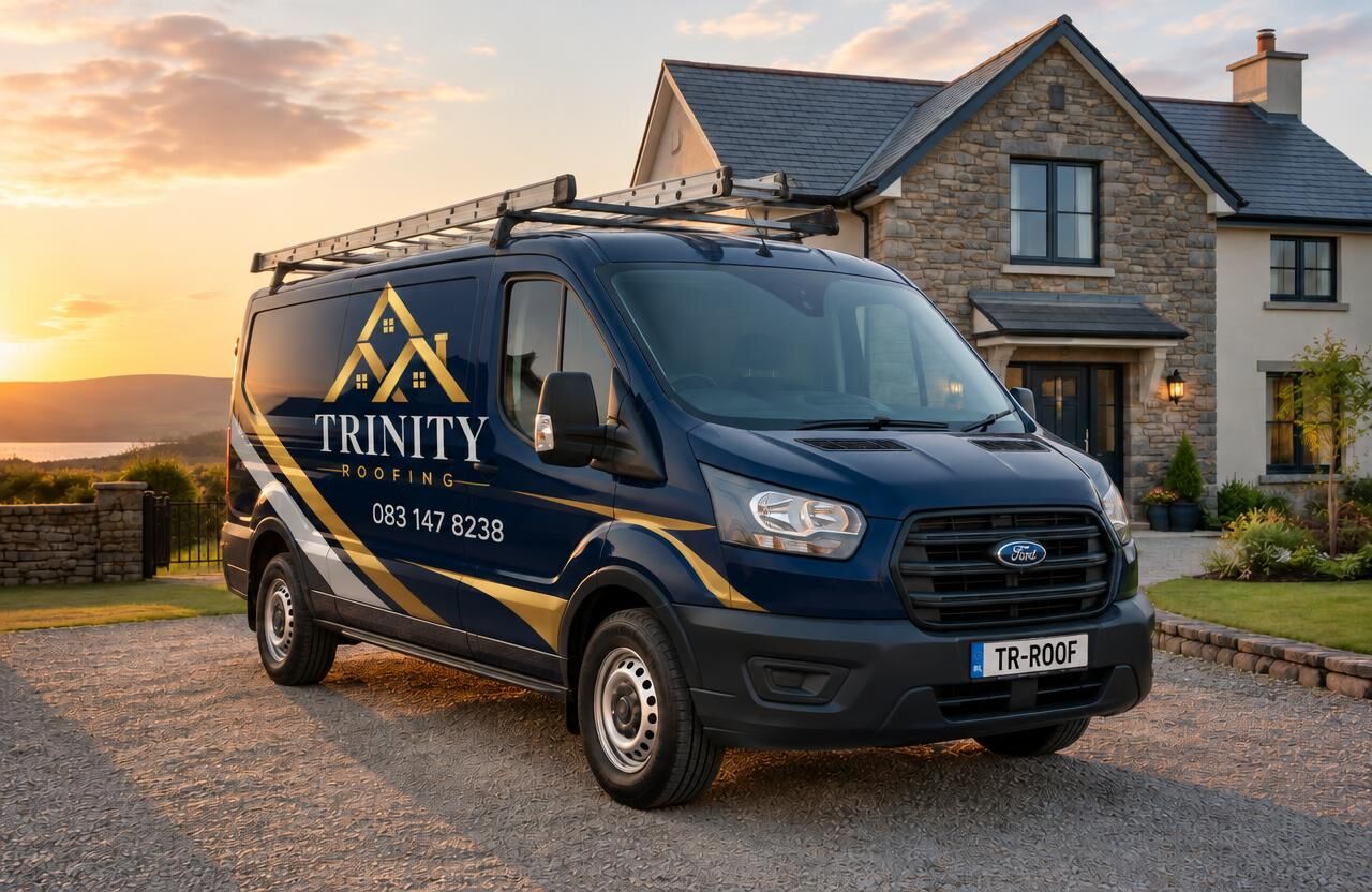 Trinity Roofing van outside a newly roofed home